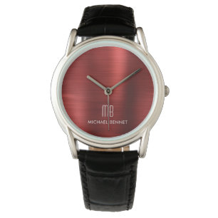 Elegant Monogrammed Red Brushed Metallic Armbandsur