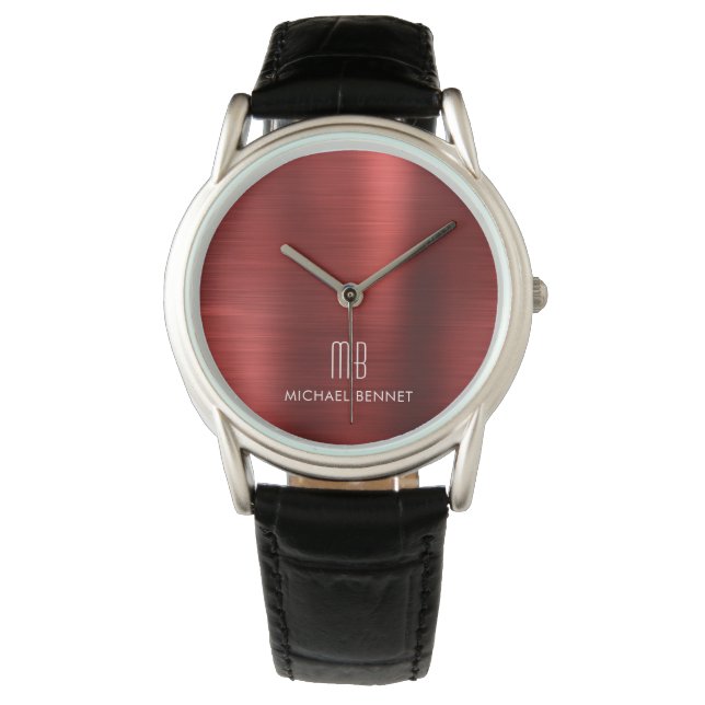 Elegant Monogrammed Red Brushed Metallic Armbandsur (Framsida)