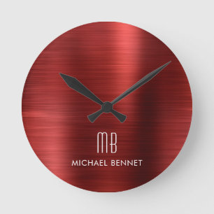 Elegant Monogrammed Red Brushed Metallic Rund Klocka