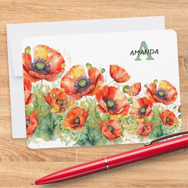Elegant Monogrammed Red Poppies Poppy Flowers Anteckningskort (A chic monogrammed notecard with red poppies design in a watercolor style)