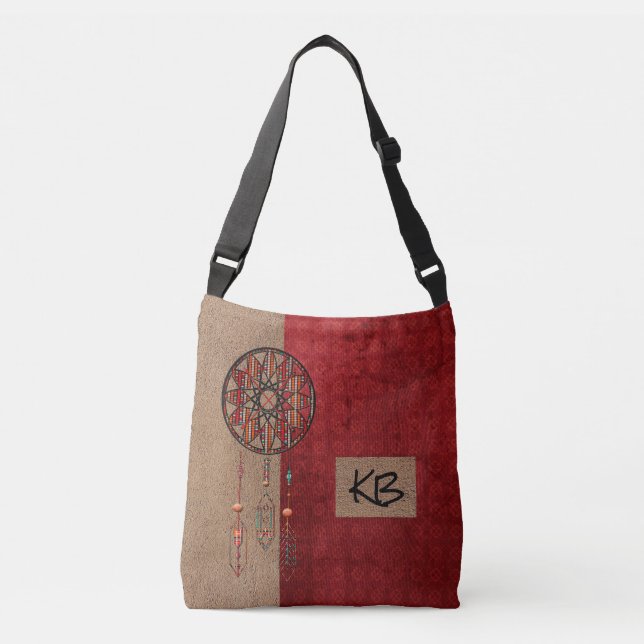 Elegant Monogrammed Red Tan Dreamcatcher Tote Bag Axelväska (Framsida)