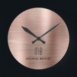 Elegant Monogrammed Ro Guld Brushed Metallic Rund Klocka<br><div class="desc">Personlig Elegant Monogrammed Ro Guld Brushed Round Clock</div>