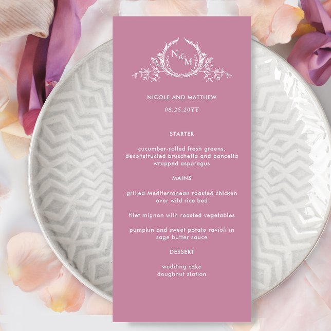 Elegant Monogrammed Rosa Bröllop Menu Meny (Skapare uppladdad)