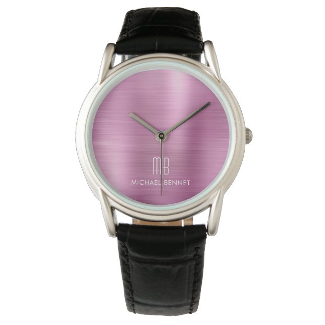Elegant Monogrammed Rosa Brushed Metallic Armbandsur (Framsida)