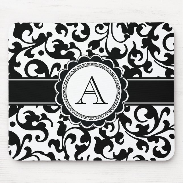 Elegant Monogrammed Rulla Damask Black and White Musmatta (Framsidan)