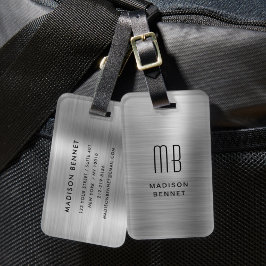 Elegant Monogrammed Silver Brushed Metallic Bagagebricka