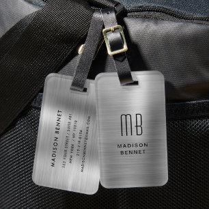 Elegant Monogrammed Silver Brushed Metallic Bagagebricka