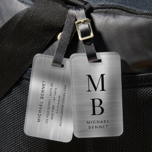 Elegant Monogrammed Silver Brushed Metallic Bagagebricka