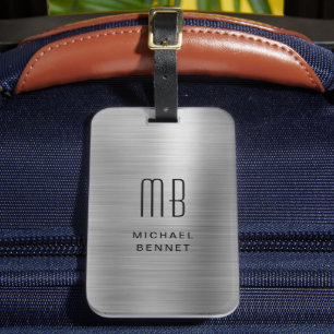 Elegant Monogrammed Silver Brushed Metallic Bagagebricka