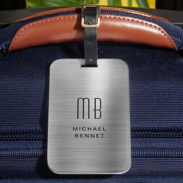 Elegant Monogrammed Silver Brushed Metallic Bagagebricka (Framsida Insitu 2)