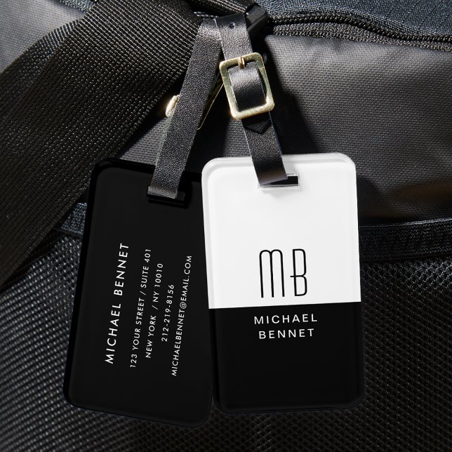 Elegant Monogrammed svart och vit Bagagebricka (Elegant Monogrammed Black And White Luggage Tag)
