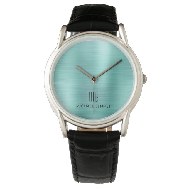 Elegant Monogrammed Teal Grönt Brushed Metallic Armbandsur (Framsida)