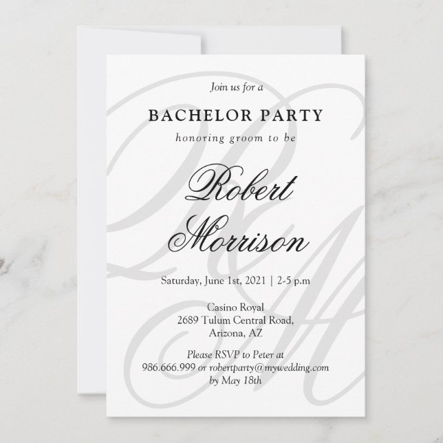 Elegant Monogrammed w/ QR kod Bacherlor Party Inbjudningar (Framsida)