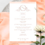 Elegant Monogrammed Watercolor Bröllop-meny<br><div class="desc">Välkomna gästerna till bord med den här elegantens monogrammade meny bröllop, med hand plockade leafy monogram med par initialer och persikofärgat gräns rand. Baksida med vackra vattenfärger tvättar i olika persikor-, kräm-, korall- och dammiga orangar. En del av vår "Peach Watercolor Botanical Monogram Bröllop"-samling med en mängd olika samordningsprodukter tillgängliga,...</div>