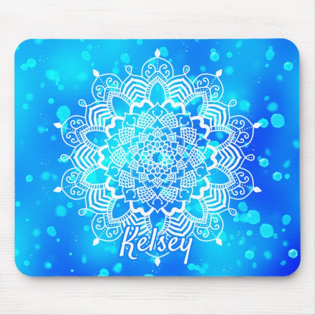 Elegant Monogrammed White & Blue Mandala Mönster Musmatta (Framsidan)