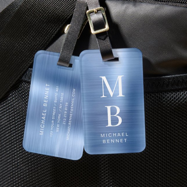 Elegant Monogrammerad Blå Bagagebricka (Elegant Monogrammed Blue Luggage Tag)