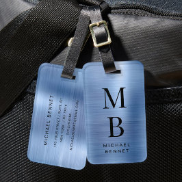 Elegant Monogrammerad Blå Borstad Metallisk Bagagebricka