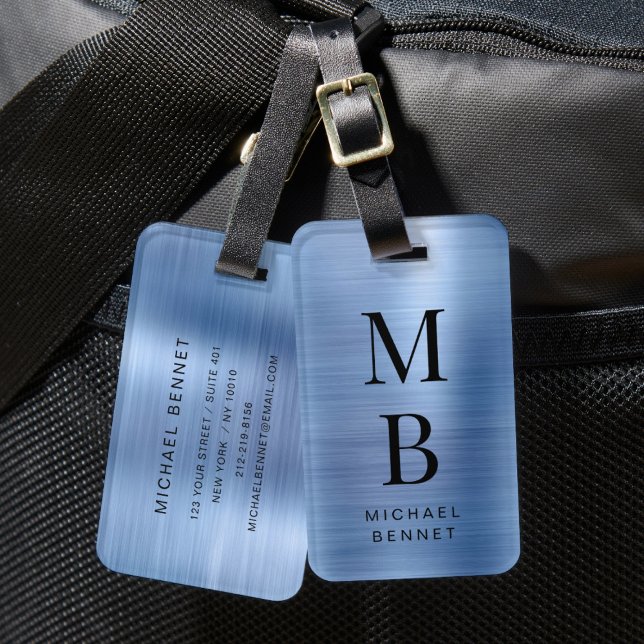 Elegant Monogrammerad Blå Borstad Metallisk Bagagebricka (Elegant Monogrammed Blue Brushed Metallic Luggage Tag)