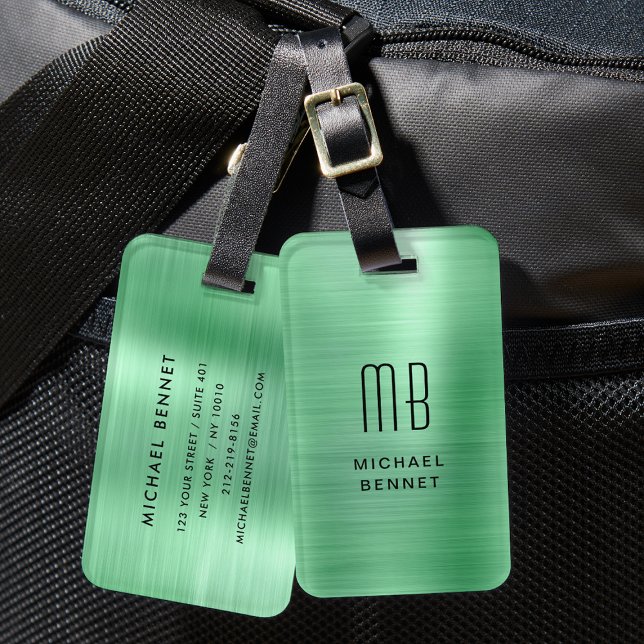 Elegant Monogrammerad Grön Borstad Metall Bagagebricka (Elegant Monogrammed Green Brushed Metal Luggage Tag)