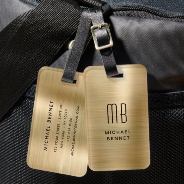 Elegant Monogrammerad Guld Borstad Metallisk Bagagebricka (Elegant Monogrammed Gold Brushed Metallic Luggage Tag)