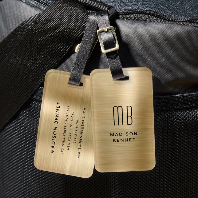 Elegant Monogrammerad Guld Borstad Metallisk Bagagebricka (Elegant Monogrammed Gold Brushed Metallic Luggage Tag)