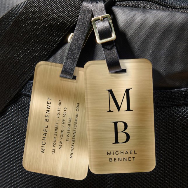 Elegant Monogrammerad Guld Borstat Metallisk Bagagebricka (Elegant Monogrammed Gold Brushed Metallic Luggage Tag)