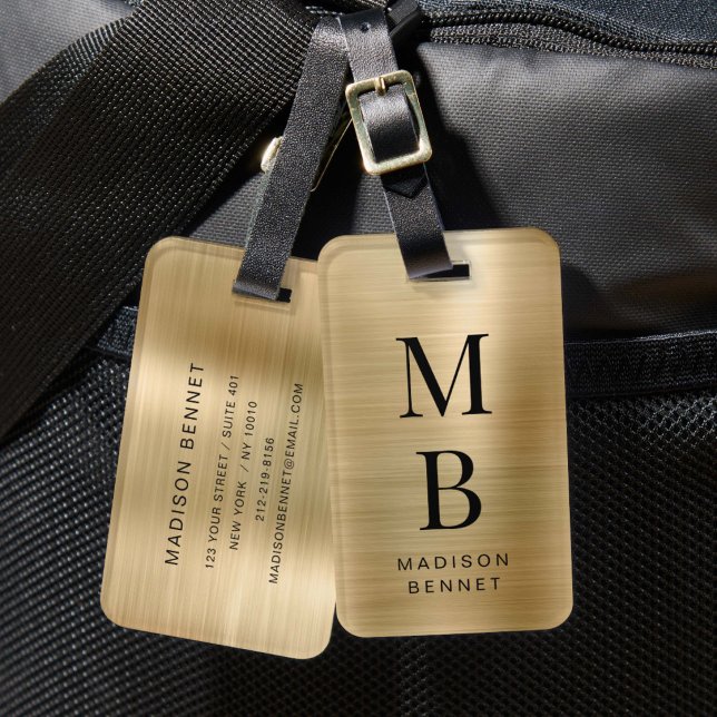 Elegant Monogrammerad Guld Borstat Metallisk Bagagebricka (Elegant Monogrammed Gold Brushed Metallic Luggage Tag)