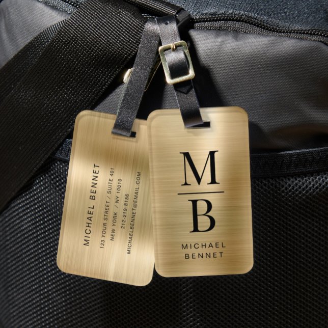 Elegant Monogrammerad Guld Borstat Metallisk Bagagebricka (Elegant Monogrammed Gold Brushed Metallic Luggage Tag)
