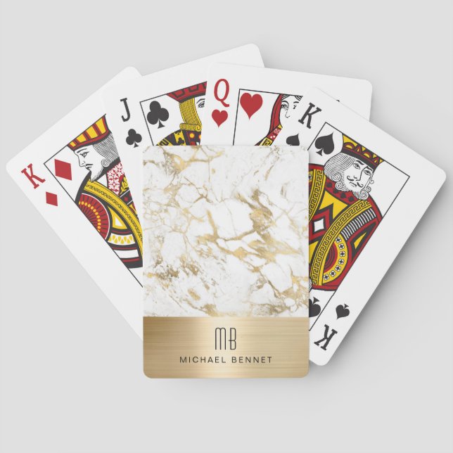Elegant Monogrammerad Guld Vit Marmor Casinokort (Baksidan)