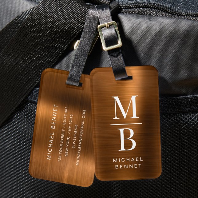 Elegant Monogrammerad Koppar Borstad Metallisk Bagagebricka (Elegant Monogrammed Copper Brushed Metallic Luggage Tag)