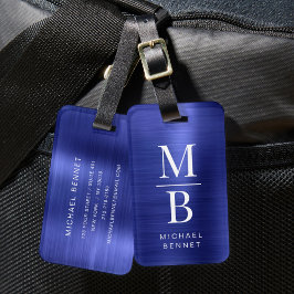 Elegant Monogrammerad Marinblå Borstad Metallisk Bagagebricka