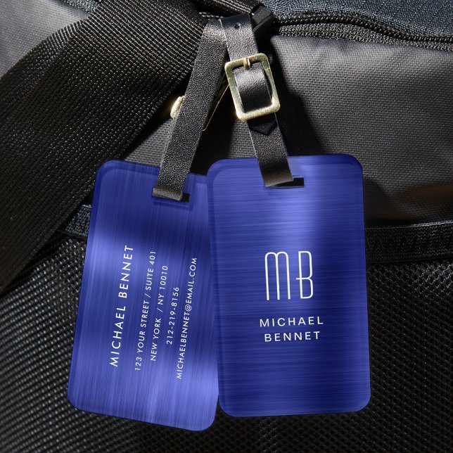 Elegant monogrammerad marinblå metall bagagebricka (Elegant Monogrammed Navy Blue Metal Luggage Tag)