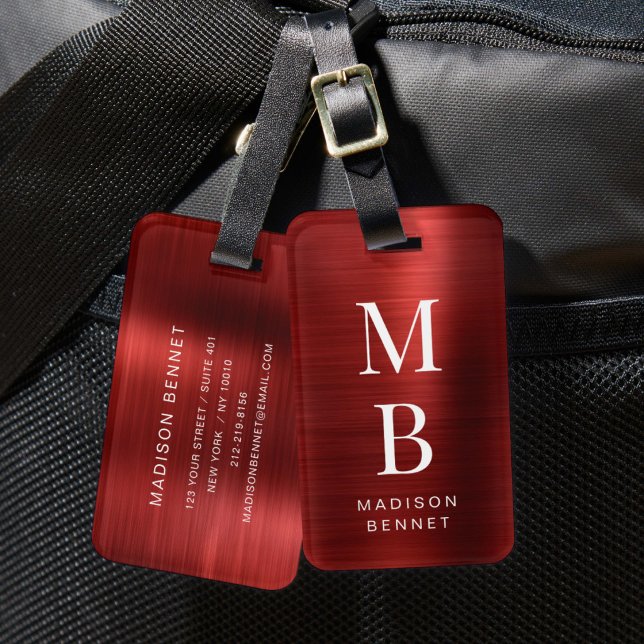 Elegant Monogrammerad Röd Bagagebricka (Elegant Monogrammed Red Luggage Tag)