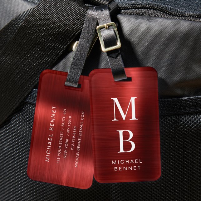 Elegant Monogrammerad Röd Bagagebricka (Elegant Monogrammed Red Luggage Tag)