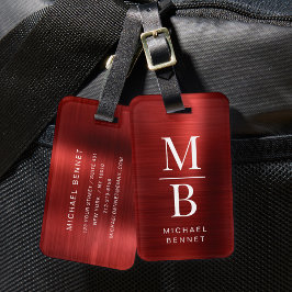 Elegant Monogrammerad Röd Borstad Metallisk Bagagebricka