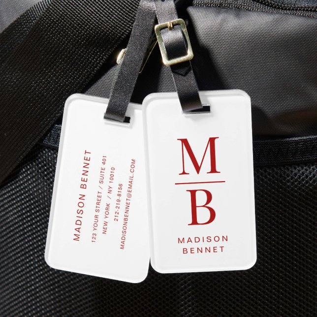 Elegant Monogrammerad Röd Och Vit Bagagebricka (Elegant Monogrammed Red And White Luggage Tag)