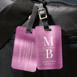Elegant Monogrammerad Rosa Borstat Metallisk Bagagebricka