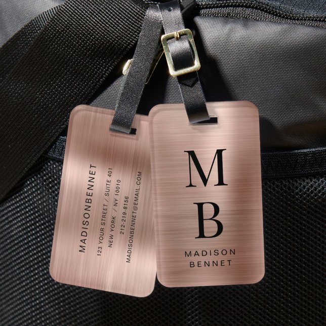 Elegant Monogrammerad Rosa Guld Borstad Metallisk Bagagebricka (Elegant Monogrammed Rose Gold Brushed Metallic Luggage Tag)