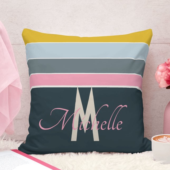 Elegant monogrammerad rosa & marinblå tealrandig kudde (Skapare uppladdad)