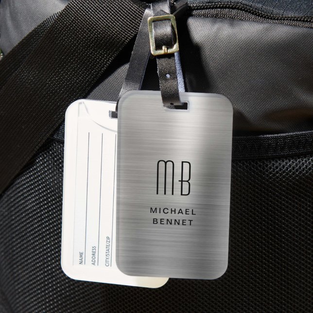 Elegant Monogrammerad Silver Borstad Metallisk Bagagebricka (Elegant Monogrammed Silver Brushed Metallic Luggage Tag)