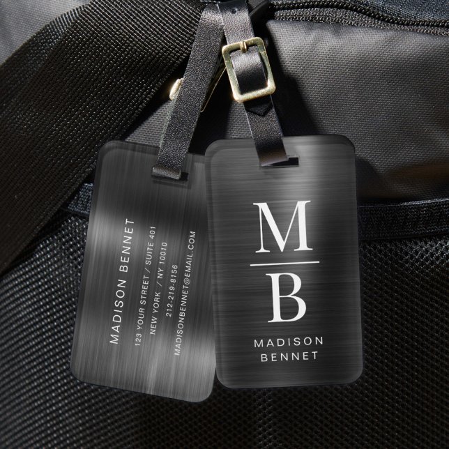 Elegant Monogrammerad Svart Borstad Metallisk  Bagagebricka (Elegant Monogrammed Black Brushed Metallic Luggage Tag)