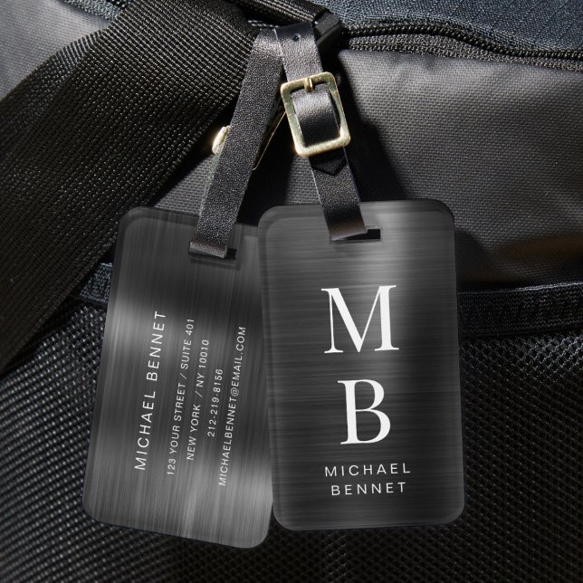Elegant Monogrammerad Svart Borstad Metallisk Bagagebricka (Elegant Monogrammed Black Brushed Metallic Luggage Tag)