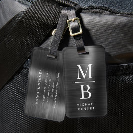 Elegant Monogrammerad Svart Borstad Metallisk Bagagebricka