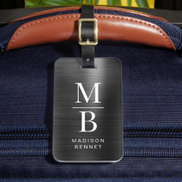 Elegant Monogrammerad Svart Borstad Metallisk  Bagagebricka