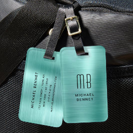 Elegant Monogrammerad Tealgrön Borstad Metall Bagagebricka