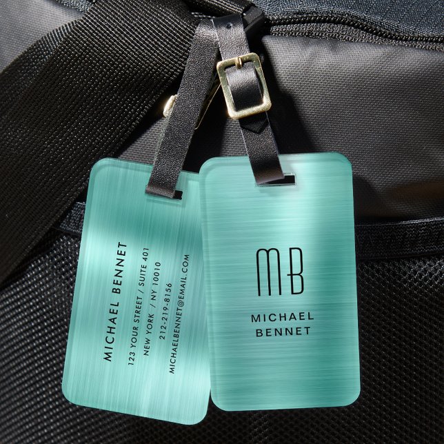 Elegant Monogrammerad Tealgrön Borstad Metall Bagagebricka (Elegant Monogrammed Teal Green Brushed Metal Luggage Tag)