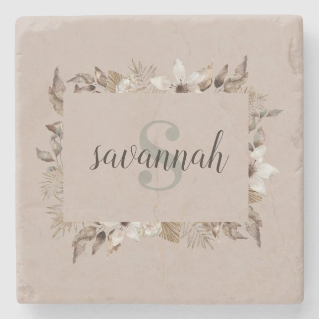 Elegant Monogrammerat Namn Rosa Blommig Stenunderlägg (Framsidan)