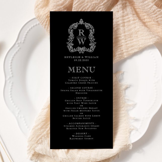 Elegant Monogrammkrön Svart och Vitt Bröllop Meny (Skapare uppladdad)