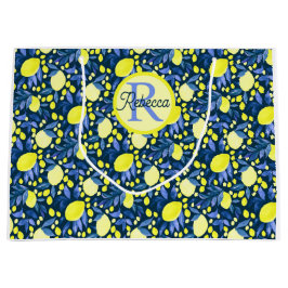 Elegant monogramnamn Rustik Citrus Citron Blått bl