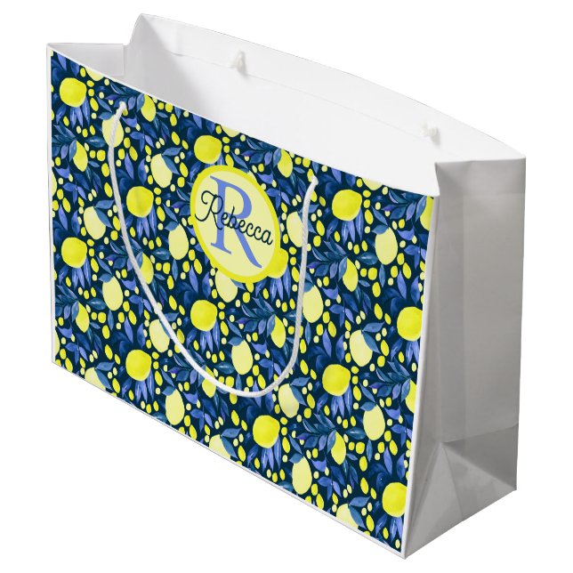 Elegant monogramnamn Rustik Citrus Citron Blått bl (Baksidan Vinklad)